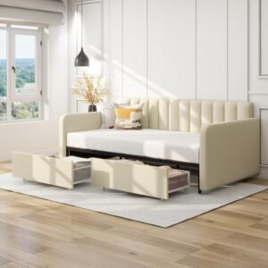 LifeSky Home Daybed Twin with Storage – Upholstered Day Bed Frame with Drawers – Modern Tufted for Living Room Guest Room Bedroom Apartment Beige
