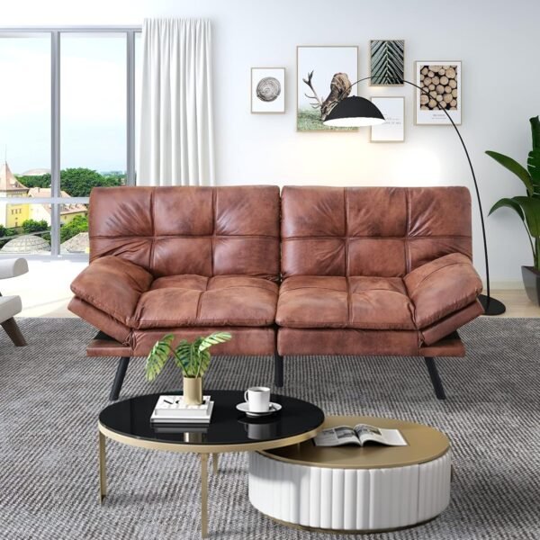 Maxspeed Sofa Bed Couch, Memory Foam Futon Sofa Bed with Mattress and Frame Included,Comfortable Brown Faxu Leather Loveseat Sleeper Sofa for Dorm Apartment Office College Small Space Bedroom - Image 2