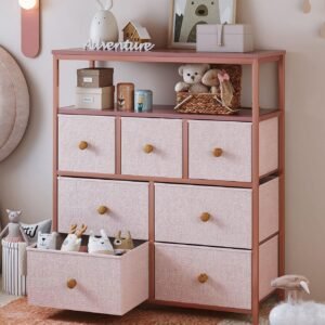 EnHomee Pink Dresser for Bedroom, Girls Dresser with 7 Drawers & 2 Shelves,Fabric Dressers & Chests of Drawers for Girls Room, Closet,Cute,Lightweight