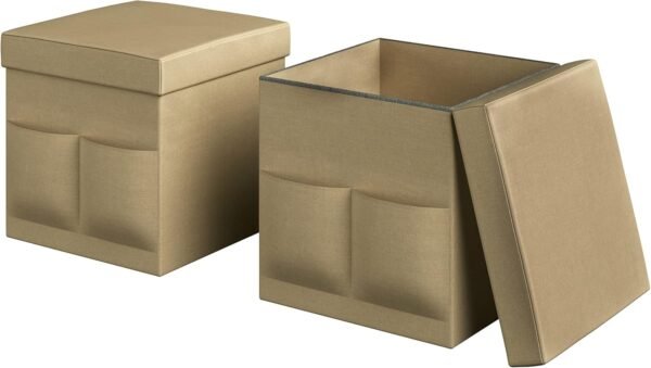 Set of 2 Ottomans with Storage Pockets - 15-Inch Folding Foot Rests or Storage Organizers for Bedroom, Living Room, or Dorm by Lavish Home (Beige) - Image 5