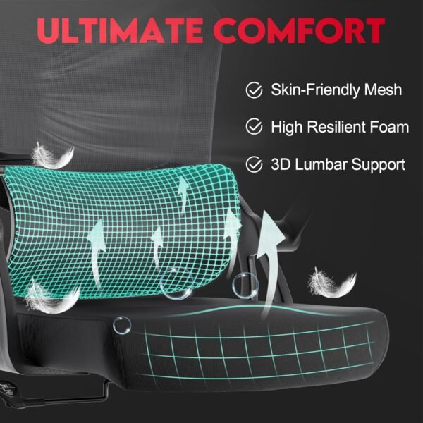 Ergonomic Office Chair - 500LB Comfy Desk Chairs with Headrest and Lumbar Back Support, Heavy Duty Mesh Computer Chairs with Wheels and Arms for Home Office, Study, Bedroom and College Dorm - Image 4