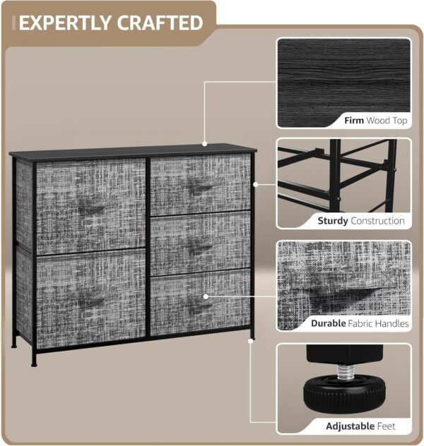 Sorbus Dresser with 5 Drawers - Chest Organizer Unit with Steel Frame Wood Top & Handle Easy Pull Fabric Bins for Clothes - Storage Furniture for Bedroom, Hallway, Living Room, Nursery & Closet - Image 4