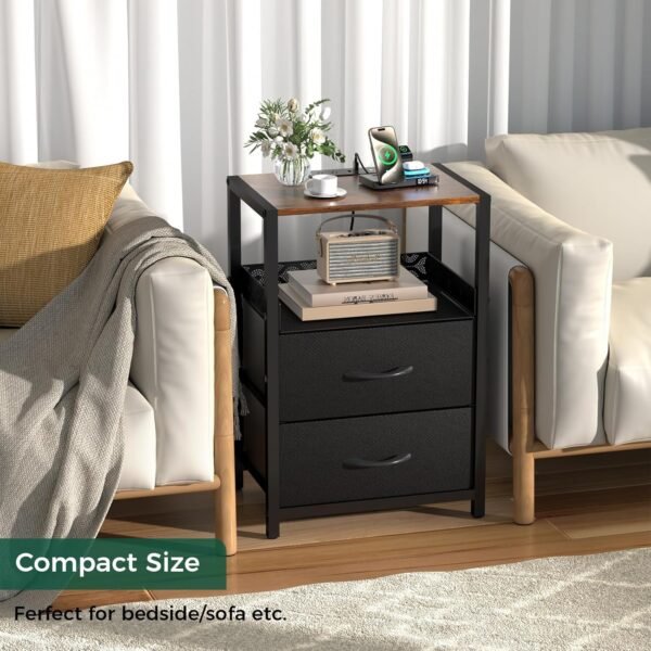 Night Stand with Drawers, Bedside Table with USB Ports and Outlets Chargin Station, 2 Fabric Storage Shelf Nightstand for Small Spaces, Bedroom, Dormitory, Sofa, Living Room, Black - Image 7