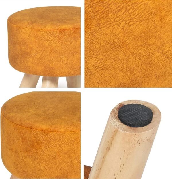 Round Ottoman Fabric Foot Rest Stool Non-Skid Wooden Legs (Orange) - Image 7