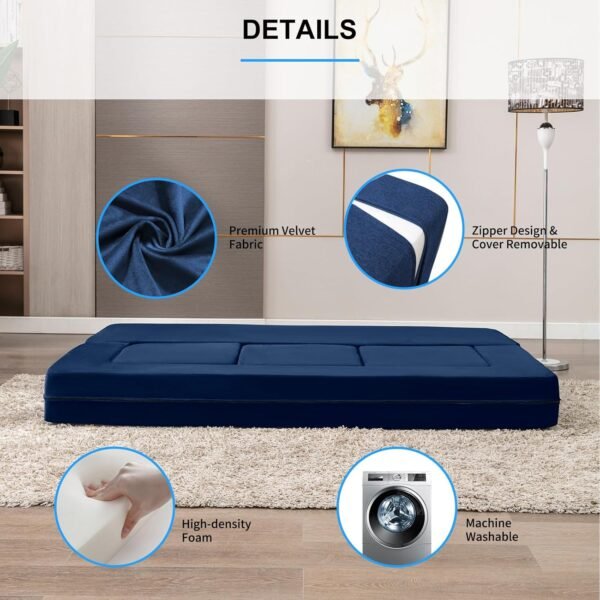 PUREMIND Velvet Folding Sofa Bed, Upholstered Floor Sofa Bed with 3 Ottomans, Fold Out Couch Bed with High-Density Foam, Convertible 2-in-1 Foldable Sleeper Sofa Bed for Guest Bedroom Living Room - Image 4