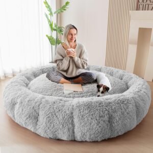 BYBYME Fluffy Soft Bean Bag Bed, Human Round Cloudy Dog Bed, Extra Wider Full Floor Mattress with Long Faux Fur Cover, Grey, 80×80 Inch