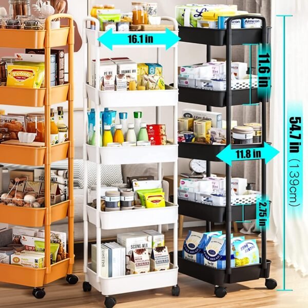 5-Tier Rolling Cart, Utility Cart with Lockable Wheels, Storage Cart Craft Cart Book Cart Diaper Cart Organizer for Bathroom Kitchen, White - Image 7