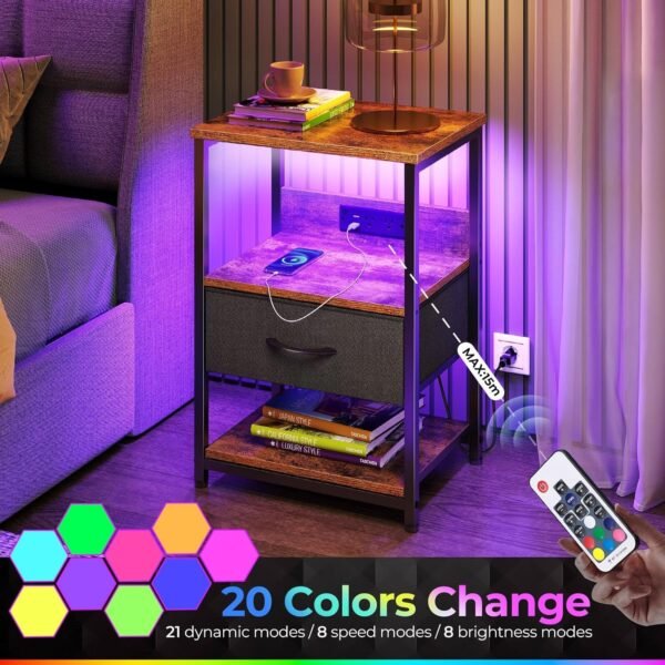 Seventable Nightstand with Charging Station, LED Bedside Table with Adjustable Fabric Drawer, Night Stand with Storage, 3-Tier Bed Side Table, End Table for Bedroom, Living Room, Rustic Brown - Image 5