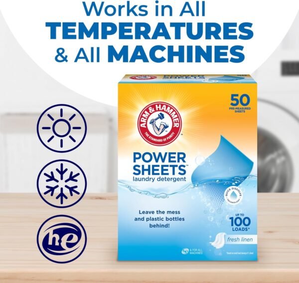 Arm & Hammer Power Sheets Laundry Detergent, Fresh Linen 50ct, up to 100 Small Loads (Packaging may vary) - Image 9