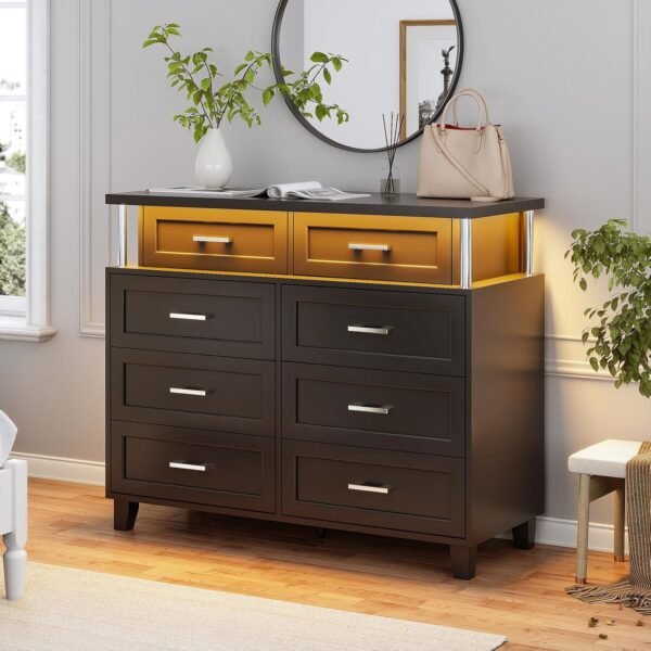 AOGLLATI Dresser for Bedroom with Column Design, Black Dresser with Cladding Process Design, 8 Drawer Short Modern Wide Bedroom LED Dresser for Bedroom - Image 7