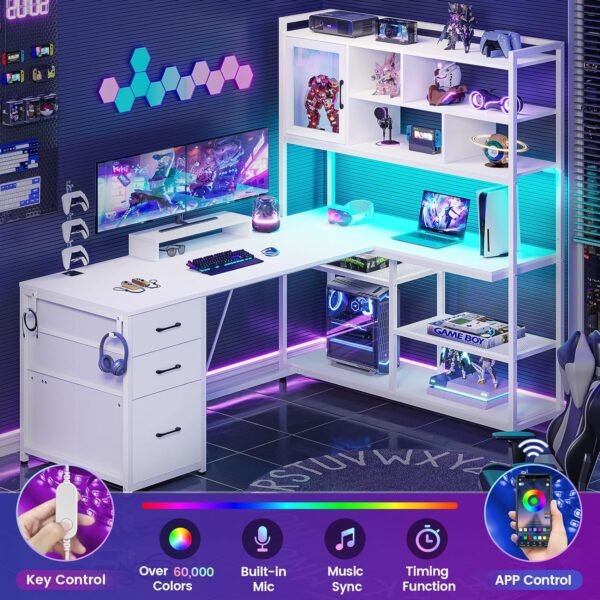 SEDETA L Shaped Computer Desk, 58'' Office Desk with 3 Drawers and Bookshelf, L Shaped Corner Desk with Storage Shelves and LED Light for Home Office, Gaming Desk, L Desk, White - Image 4