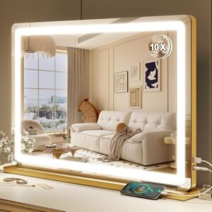 Gold Vanity Mirror with Lights, 32″ x 22″ Large Lighted Vanity Mirror with Dimmable 3 Modes, LED Makeup Mirror, 10X Magnification, USB Charging Port, Tabletop or Wall-Mounted