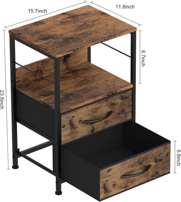 YBING Nightstand Bedroom End Table with 2 Drawers and Open Shelf Wood Industrial Bedside Table with Fabric Storage for Bedroom Living Room Sturdy Dorm Brown - Image 3