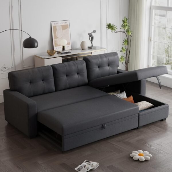 82" L-Shape Convertible Sleeper Sectional Sofa with Storage Chaise and Pull-Out Bed,Modular Corner Couch Lounge,w/Removable 3 Back Cushions & Armrest,for Home Furniture,Dark Gray - Image 6