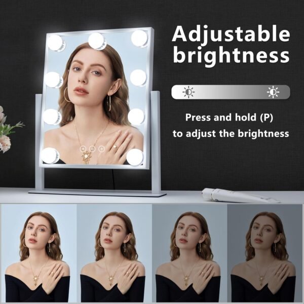 Vanity Mirror with Lights,Lighted Vanity Mirror with 9 Dimmable Bulbs for Dressing Room & Bedroom 3 Color Lighting Modes Detachable 10x Magnification 360°Ratation - Image 3