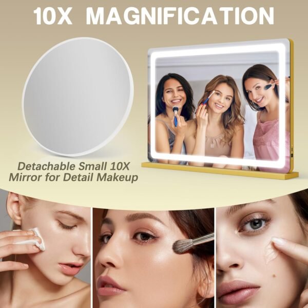 Gold Vanity Mirror with Lights, 32" x 22" Large Lighted Vanity Mirror with Dimmable 3 Modes, LED Makeup Mirror, 10X Magnification, USB Charging Port, Tabletop or Wall-Mounted - Image 7