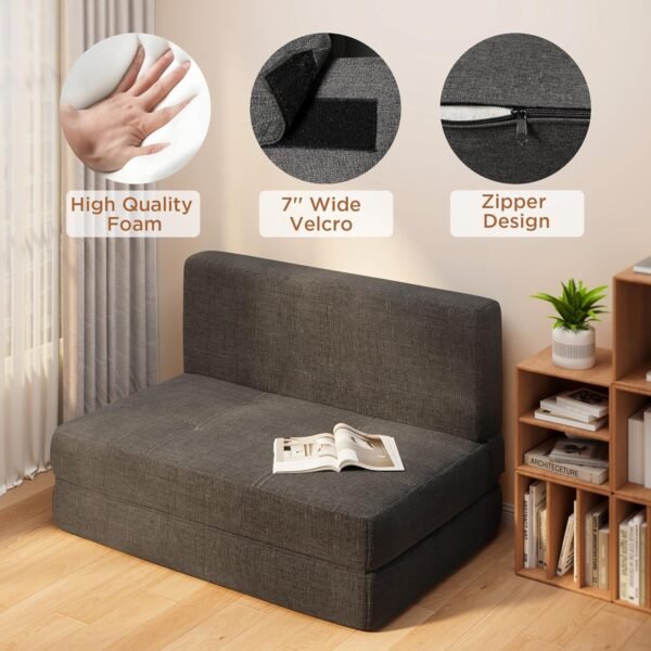 Aiho Futon Sofa Bed, Sleeper Chair Floor Couch, Memory Foam Folding?Chair?Bed with Linen?Fabric Removable Cover, for Living Room/Dorm/Guest Room/Apartment, Twin, Dark Grey - Image 6