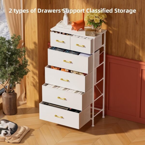 Tall Dresser with 6 Drawers, White Dresser for Bedroom, Tall Storage Tower for Closet, Nursery, Dorm, Dresser Organizer with Sturdy Steel Frame, Fabric Bins, Leather Finish, Wood Top, White - Image 4