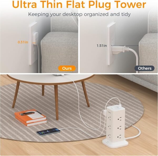 Power Strip Tower with Surge Protection, TESSAN Flat Plug Extension Cord 6 Feet with 12 Multiple Outlets 3 USB Ports (1 USB C), Surge Protector Tower for Home, Office Supplies, Dorm Room Essentials - Image 2