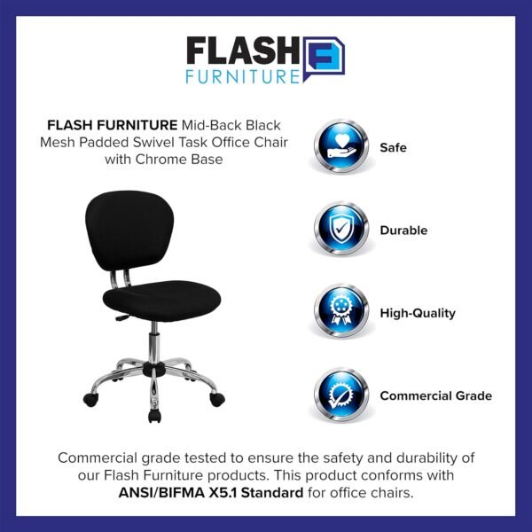 Flash Furniture Beverly Mid-Back Swivel Mesh Office Chair with Padded Seat, Height-Adjustable Ergonomic Padded Office Desk Chair, Black/Chrome - Image 4
