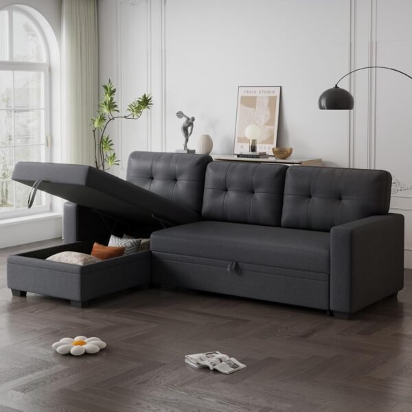 82" L-Shape Convertible Sleeper Sectional Sofa with Storage Chaise and Pull-Out Bed,Modular Corner Couch Lounge,w/Removable 3 Back Cushions & Armrest,for Home Furniture,Dark Gray - Image 3