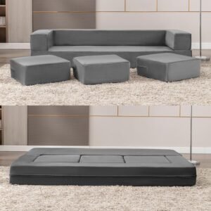 PUREMIND Velvet Folding Sofa Bed, Upholstered Floor Sofa Bed with 3 Ottomans, Fold Out Couch Bed with High-Density Foam, Convertible 2-in-1 Foldable Sleeper Sofa Bed for Guest Bedroom Living Room