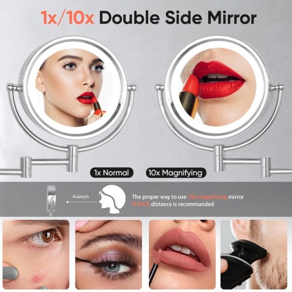 GURUN Wall Mounted Hardwired Makeup Mirror with 3 Tones Dimmable LED Lights 10x Magnifying Mirror with Touch Control for Bathroom Bedroom 13" Extendable Arm Direct Wire M1809D-T(10x,Chrome) - Image 3