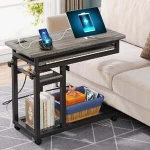 Tribesigns Small Portable Desk with Power Outlet, Height Adjustable Sofa Couch Bedside Laptop Table with Wheels, Mobile Standing Desk Rolling Computer Cart C Side Table with USB Ports