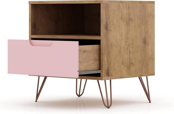 Manhattan Comfort Rockefeller Nightstands Set of 2 with Drawer and Cubby, Ideal for Bedroom and Living Room, Bedside Table with Mid Century Modern Design, Functional Storage Organizer, Pink - Image 5