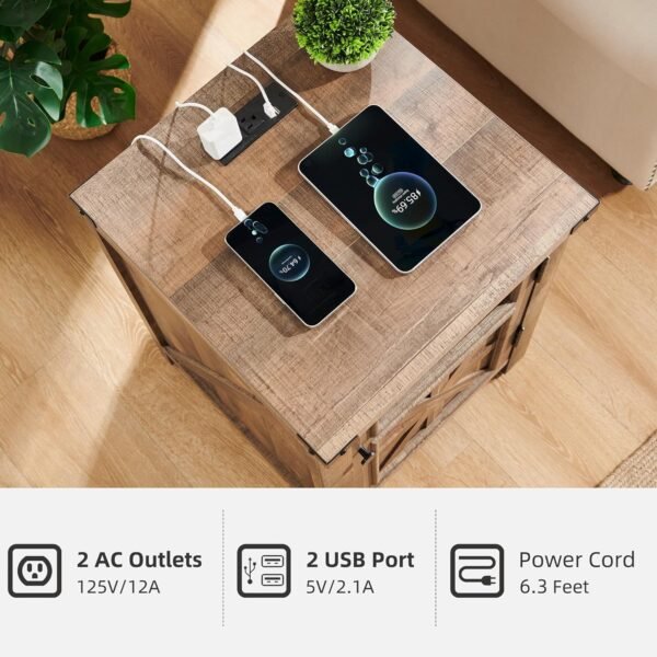 JXQTLINGMU Farmhouse End Table with Charging Station, 18'' Rustic Nightstand with Barn Door & Adjustable Shelf, Wooden Sofa Side Table with 3-Tier Storage for Living Room, Bedroom, Light Brown - Image 3
