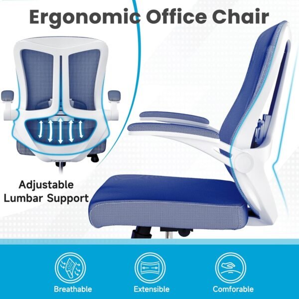 Ergonomic Office Chair with Wheels, Desk Chairs with Flip-Up Arms and Lumbar Support, Computer Mesh Office Chairs with Tilt Function, Desk Chair Comfy for Study and Work, Blue - Image 4