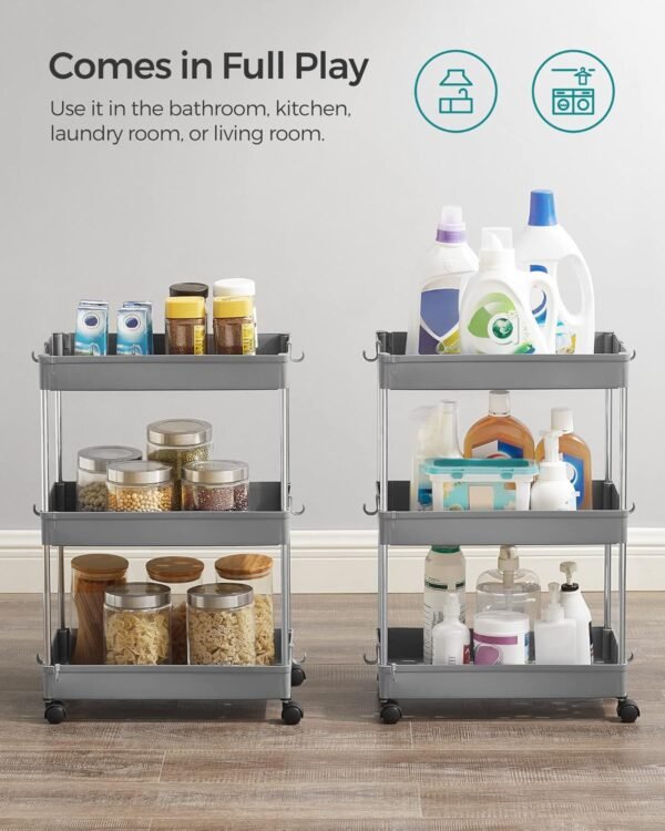 SONGMICS Slim Storage Cart, 3-Tier Rolling Cart, Narrow Utility Cart on Wheels, 6 Hooks, 360° Swivel Wheels, Lockable, Steel Frame, Bathroom, Kitchen, Office, Dove Gray UKSC009G01 - Image 8
