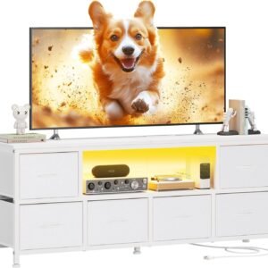 Lulive TV Stand for Bedroom, LED Dresser TV Stand w/ 6 Drawers Storage, 50 55 60in TV Stand Open Shelf, Power Outlet, Fabric Drawer, Entertainment Center TV Stands for Living Room, White PU