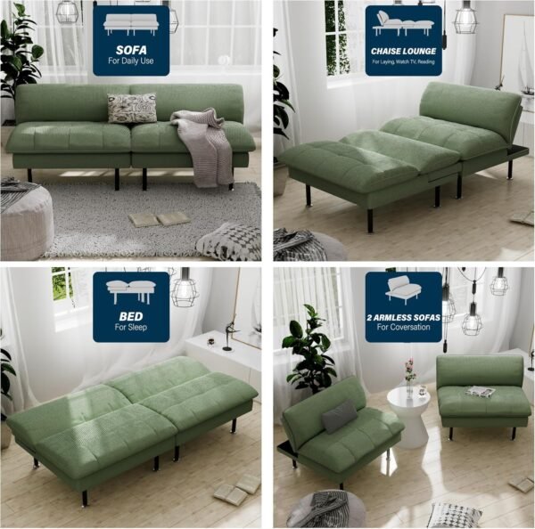 70" Futon Sofa Bed, 4-in-1 Multi-Function Couch Bed with Adjustable Backrest, Modern Convertible Futon, Recliner Love Seat Sleeper Sofa, Small Futon Couch for Living Room, Dorm, Green - Image 5
