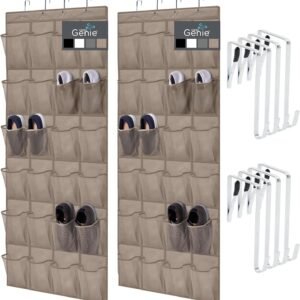 HOME GENIE Over the Door Hanging Shoe Organizer, 2 Pack, 24 Breathable Mesh Pockets, Closet Rack Storage Holder Stay in Place Hooks Hang on Closets, Hanger Holds Up to 40 lbs, Shoes, Accessories Beige