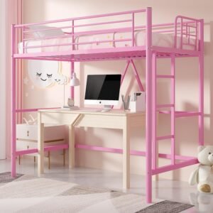 VECELO Metal Loft Bed Twin Size, Heavy Duty Bedframe with Removable Ladder and Safety Guardrail, Space-Saving, Noise Free, No Box Spring Needed, Pink