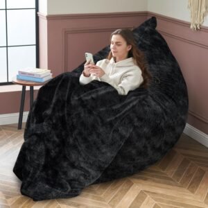 3 in 1 Bean Bag Chair, Giant Bean Bag Chair for Adult, Bean Bag Sofa with Removable Cover and Ultra Soft Blanket, Comfy Chair for Living Room, Bedroom and Dorm (Black)
