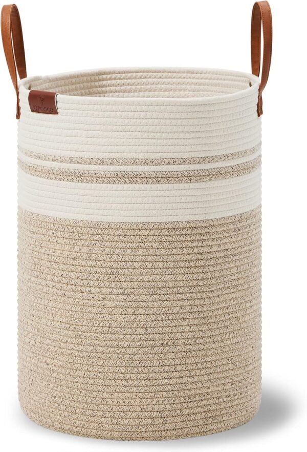 VIPOSCO Small Laundry Basket, Slim Baby Hamper with Leather Handle, Cute Woven Rope Storage Basket for Blanket, Kids Toy, Clothes In Living Room, Bathroom, Bedroom, Nursery Room - 30L Brown & White - Image 8