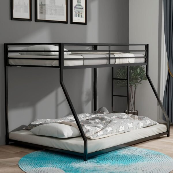 Full Size Metal Bunk Beds Frame with Stairs & Full-Length Guardrail for Bedroom, Space-Saving, No Box Spring Needed, Firm, Stable, Easy to Climb, Black - Image 2