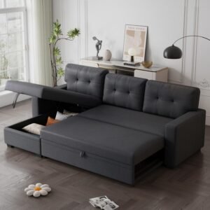 82″ Sectional Small Sofa with Pull Out Bed,L-Shape Upholstered Sleeper Couch W/Storage Chaise,Tufted Backrest Design,3 Seat Linen Convertible Sofas for Living Room Apartment Office,Dark Gray