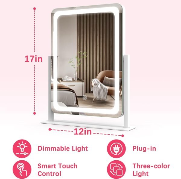 Vanity Mirror with Lights, 12.6"×15" LED Makeup Mirror, Lighted Makeup Mirror with Lights, Smart Touch Control Dimmable 3 Modes Light, Lighted Up Mirror for Makeup Desk, Bedroom, Dressing Room - Image 3