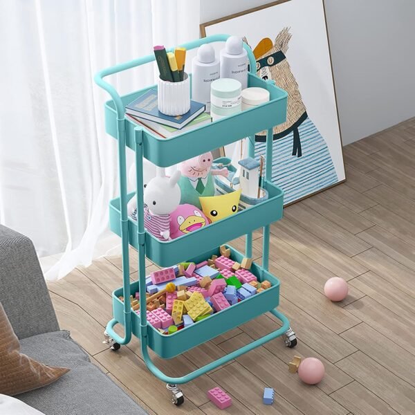 TUKAILAi 3-Tier Rolling Storage Cart with Lockable Wheels and Ergonomic Handle, Slide Out Utility Shelving Unit Organizer Serving Trolley Clearing for Kitchen Bathroom Laundry Bedroom (Blue) - Image 7