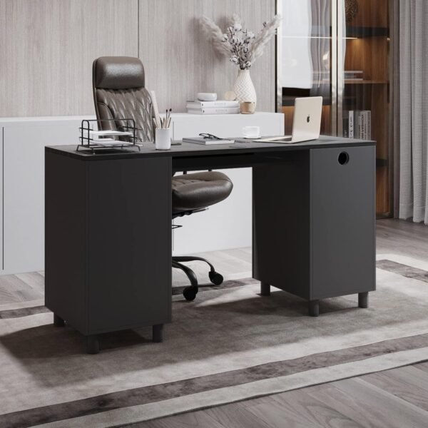 Modern Design By Crafts & comfort Venice Computer Desk - Office Desk with 3 Drawers & CPU Storage Cabinet - Laptop Workstation with Keyboard Tray & Cable Hole - Home & Office Supplies -Slate/Black - Image 5