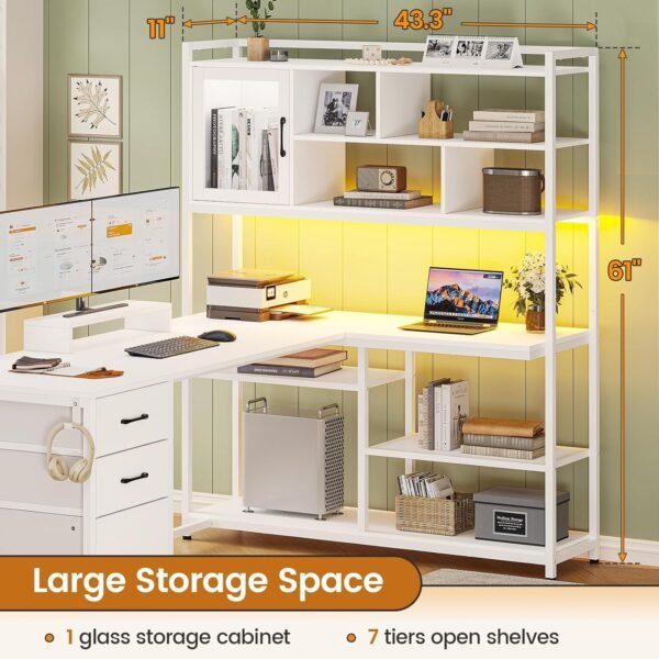 SEDETA L Shaped Computer Desk, 58'' Office Desk with 3 Drawers and Bookshelf, L Shaped Corner Desk with Storage Shelves and LED Light for Home Office, Gaming Desk, L Desk, White - Image 2