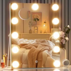 Hasipu Vanity Mirror with Lights, 11″ x 14″ Hollywood Mirror, Makeup Mirror with 11 Dimmable Bulbs, 3 Colors Modes, Touch Control, 360° Rotation, White