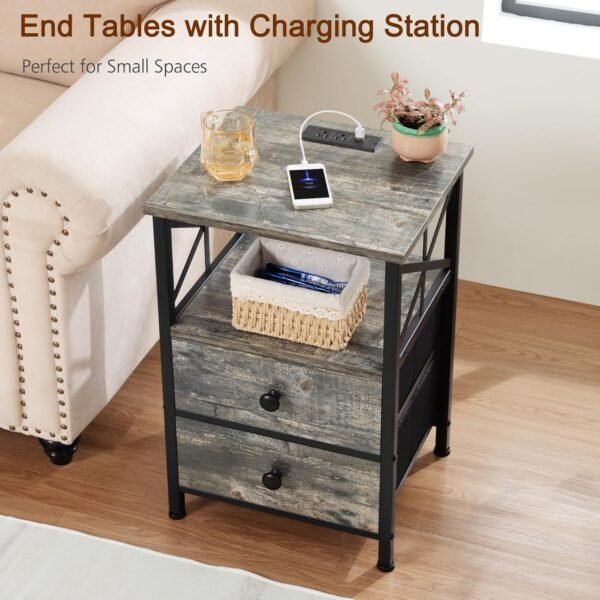 AMHANCIBLE Night Stand Set 2, Nightstand with Charging Station, End Tables Living Room with USB Ports and Outlets, Bedside Tables with Fabric Drawers for Bedroom, Ink Grey HET05XKG - Image 4