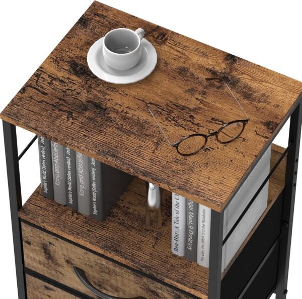 YBING Nightstand Bedroom End Table with 2 Drawers and Open Shelf Wood Industrial Bedside Table with Fabric Storage for Bedroom Living Room Sturdy Dorm Brown - Image 4