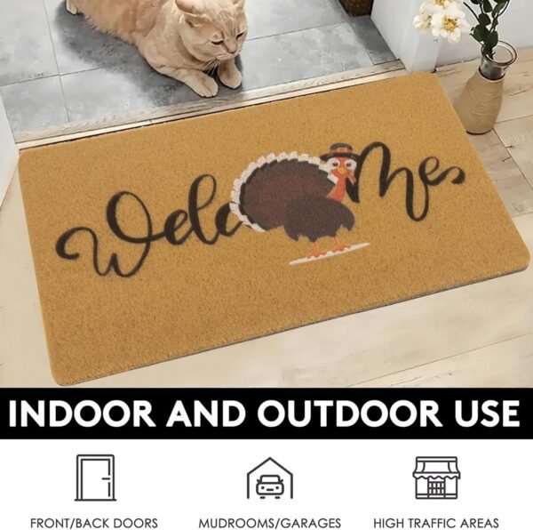 Winter Fall Welcome Door Mat for Thanksgiving Day's Outdoor Porch Entrance Hello-Turkey Faux Coir Front Doormats Non-Slip Rugs Farm Indoor Decor 17x29 in - Image 3