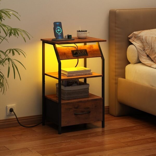 JAXPETY Nightstands Set of 2, Night Stand with Drawer Open Shelf and Charging Station, Storage End Table with 26 Colors LED Light Strip, Bedside Table for Bedroom Living Room Sofa, Rustic Brown - Image 4