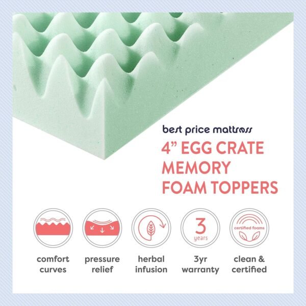 Best Price Mattress 4 Inch Egg Crate Memory Foam Mattress Topper with Calming Aloe Infusion, CertiPUR-US Certified, King - Image 6
